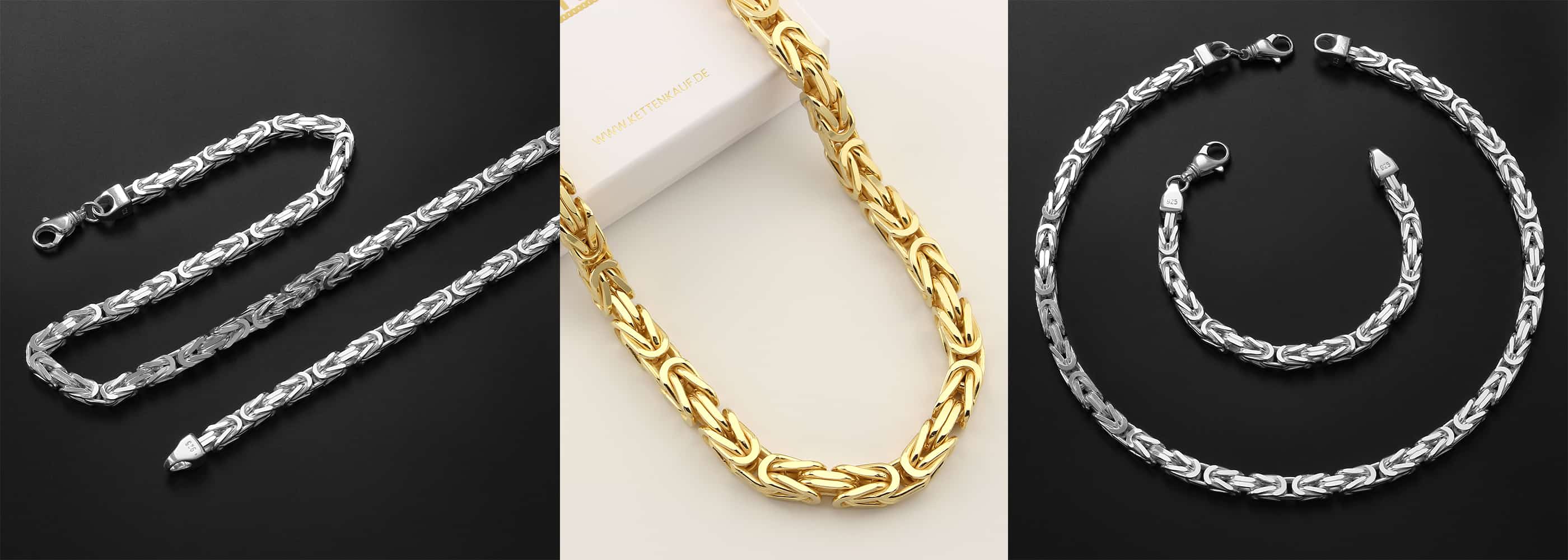 Königsketten aus 925 Sterling Silber – als Halskette oder Armband in 2,2 mm bis 8 mm Breite. Erhältlich in Silber, vergoldet & rhodiniert